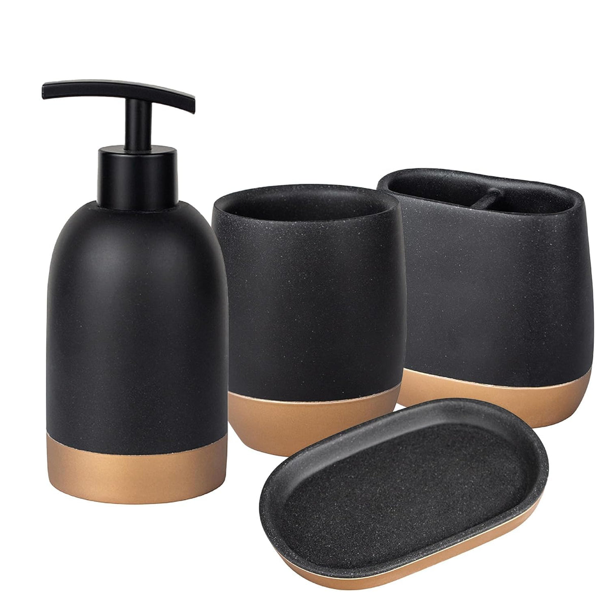 Homestic Premium 4-Piece Bathroom Accessories Set | Soap Dish | Liquid Soap Dispenser (250ml) | Tumbler | Brush Holder | Moisture Resistant | Scratch Proof | Black-Golden