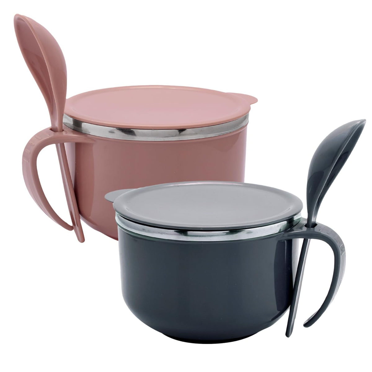 Heart Home Noodle & Soup Bowl Set | Steel Noodle Bowl with Spoon | Airtight Bowl for Pasta-Rice | Food Container | Office Bowl | Kitchen Bowl Set | 600 ML | Pack of 2 | Multicolor