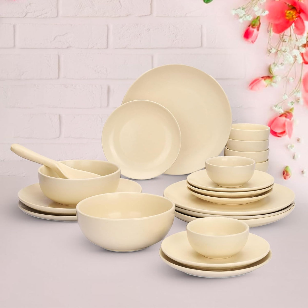 Homestic 20 Pcs Ceramic Dinner Set | Dishwasher & Microwave Safe | Crockery Set for Dining & Gifting | 6 Pcs Full Plates & 6 Pcs Half Plate & 2 Pcs Serving Bowl & 6 Pcs Bowl | Cream