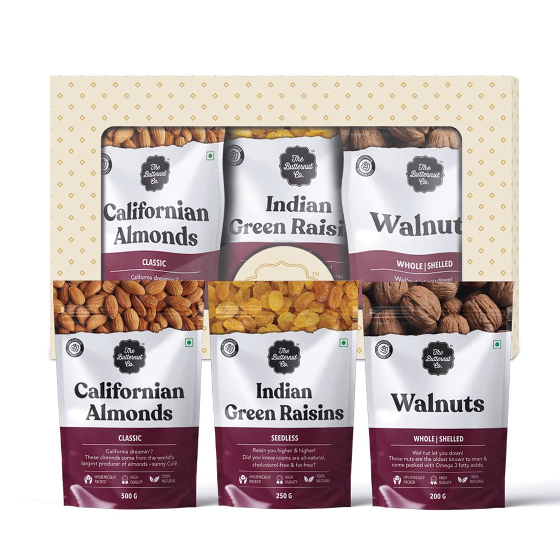 The Butternut Co Dry Fruit Festive Gift Box 950g, Classic Box, California Almonds 500g, Walnuts 200g, Indian Green Raisins 250g, Premium Dry Fruits