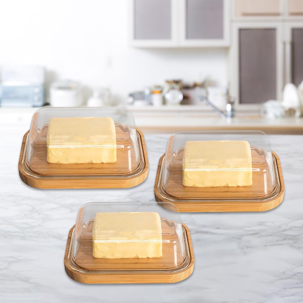 The Better Home Butter Dish with Bamboo Lid Stick Butter Holder|Borosilicate Glass Container for Storage Butter| GlassButter Tray Container | Butter DishTray - Pack of 3