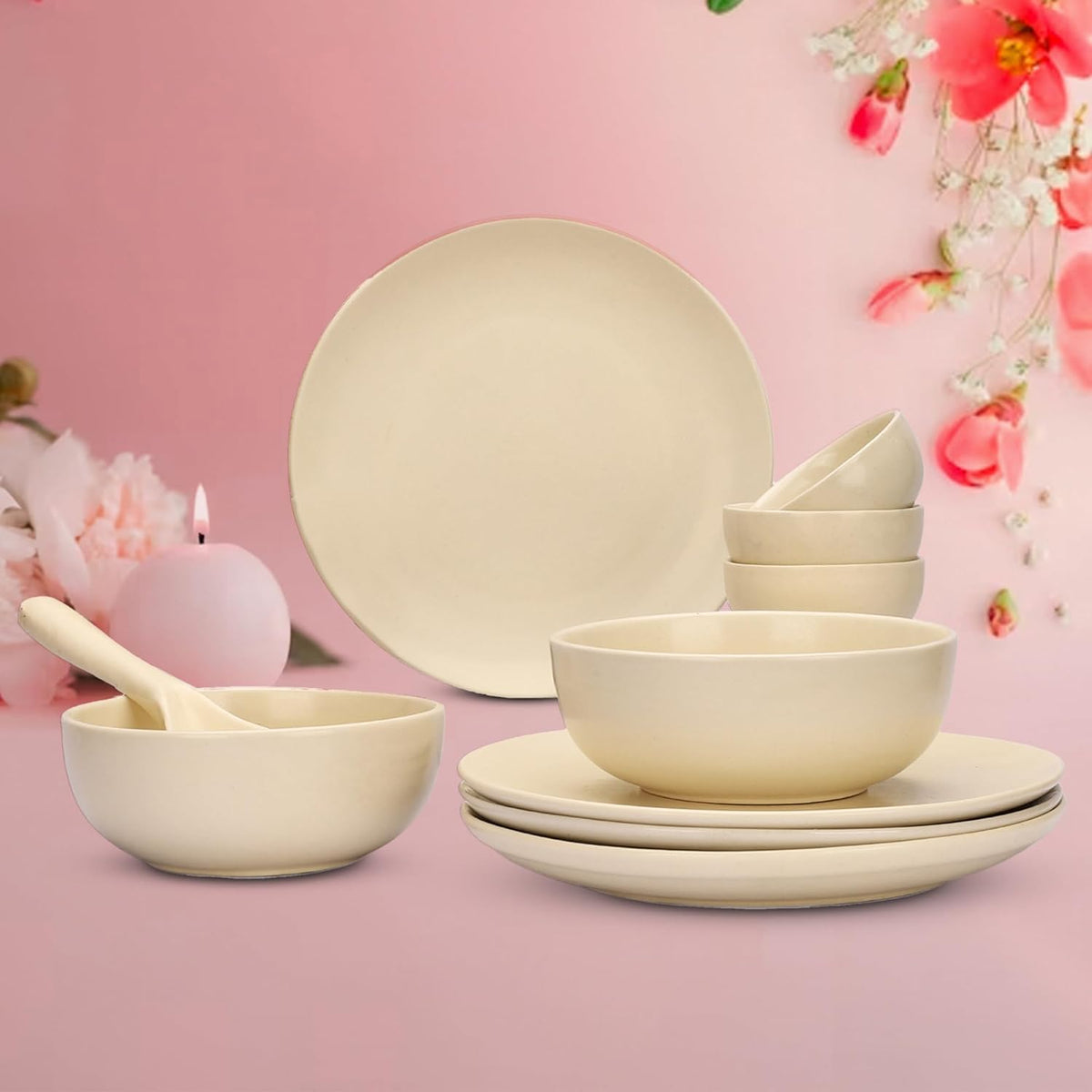 Homestic 12 Pcs Ceramic Dinner Set | Dishwasher & Microwave Safe | Crockery Set for Dining & Gifting | 4Pcs Dinner Plates & 2Pcs Serving Bowl & 4Pcs Bowl & 1Pcs Serving Spoon | Cream