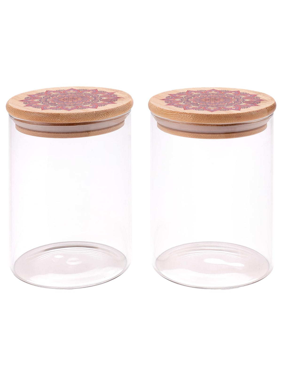 UMAI Pack of 2 Borosilicate Jars with Printed Bamboo Lids | 600ml Each Kitchen Containers Set I Airtight Glass Jar for Cookies, Snacks, Spices, Tea, Coffee, Sugar, Dry Fruits