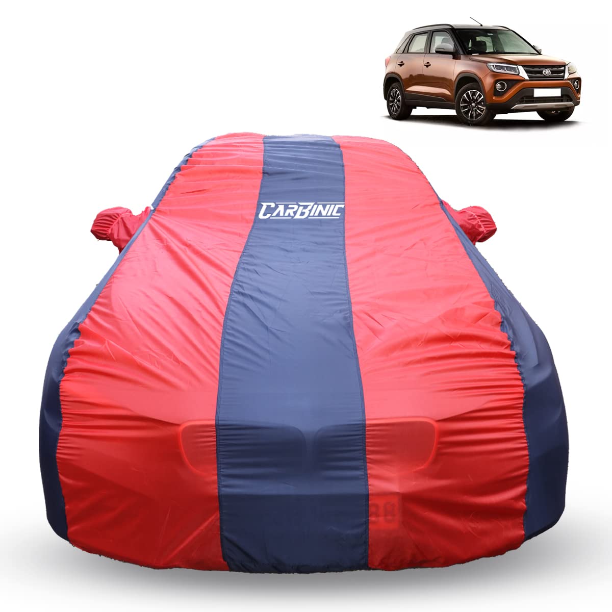 CARBINIC Car Cover for Toyota Urban Cruiser 2022 Water Resistant (Tested) & Dustproof Custom Fit UV Heat Resistant Outdoor Protection with Triple Stitched Fully Elastic Surface (Blue & Red)