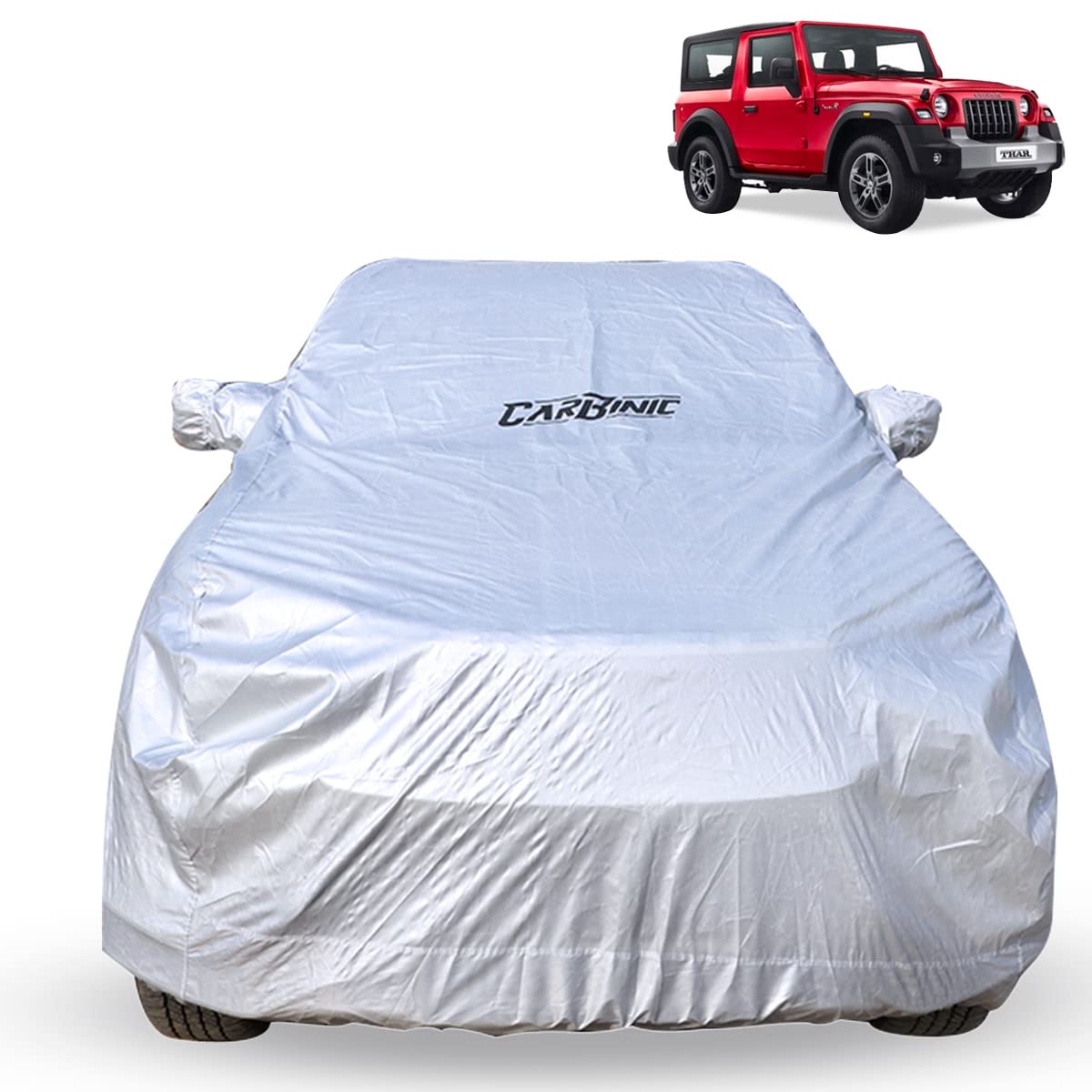 CARBINIC Car Body Cover for Mahindra Thar 2020 | Water Resistant, UV Protection Car Cover | Scratchproof Body Shield | Dustproof All-Weather Cover | Mirror Pocket & Antenna | Car Accessories, Silver