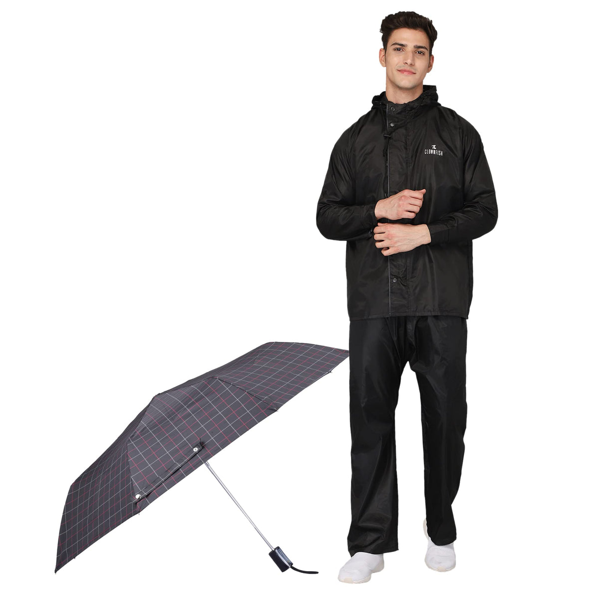 THE CLOWNFISH Combo Of Rain Coat for Men Waterproof Polyester (Black 2XL) Umbrella 3 Fold Waterproof Pongee (Checks Design- Dark Pink)