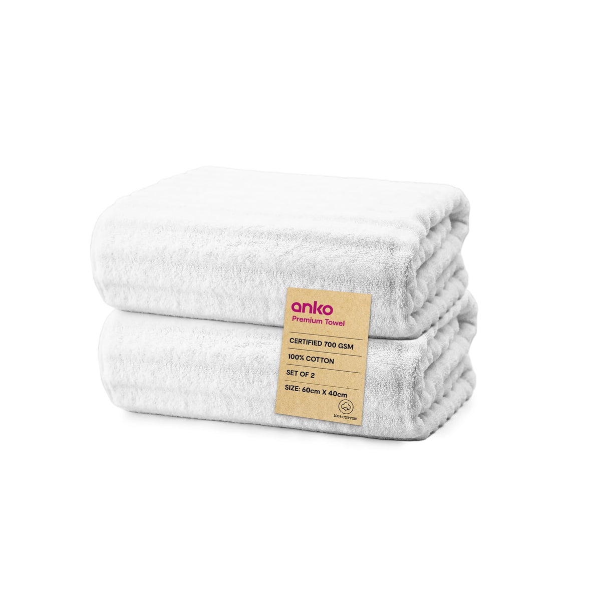 Anko Australia 100% Cotton 700 GSM Ribbed Hand Towel | Set of 2 | Super-Soft, Absorbent, Quick-Drying | White Towel for Men, Women & Kids | 60x40 cm |Travel, Gym, Spa Towel