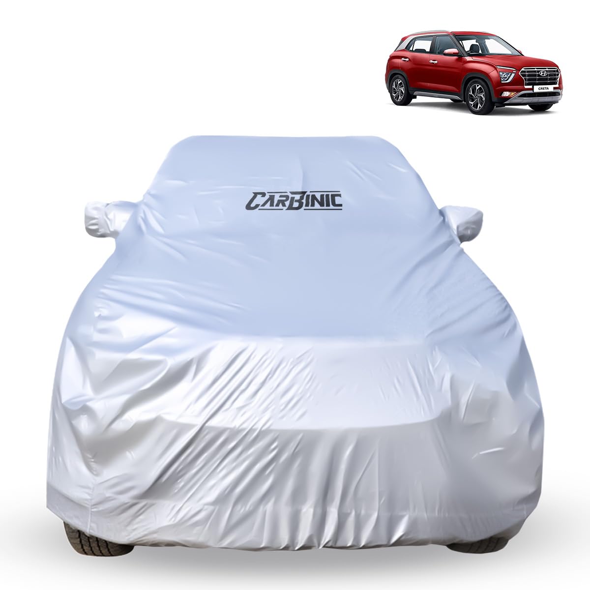 CARBINIC Car Body Cover for Hyundai Creta 2022 | Water Resistant, UV Protection Car Cover | Scratchproof Body Shield | Dustproof All-Weather Cover | Mirror Pocket & Antenna | Car Accessories, Silver