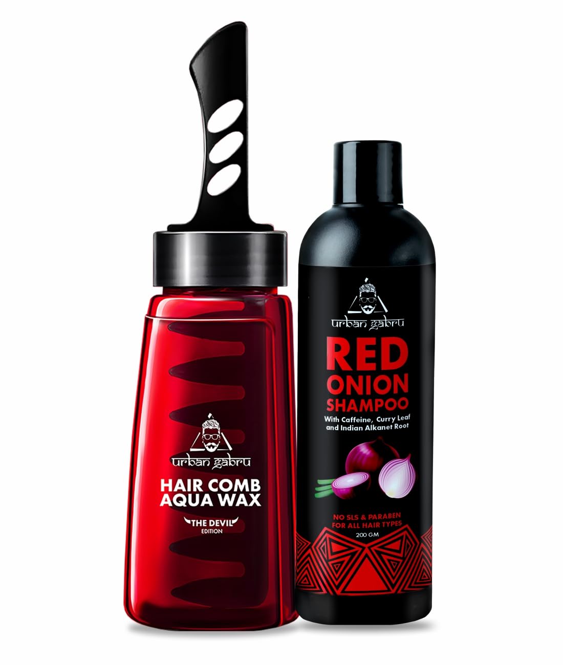 Urbangabru Hair Comb Aqua Wax (260 ML) & Natural Red Onion Shampoo (200 GM) - Mens Grooming Combo Kit