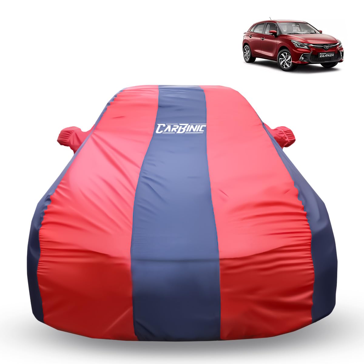 CARBINIC Car Body Cover for Toyota Glanza 2022 | Water Resistant, UV Protection Car Cover | Scratchproof Body Shield | Dustproof All-Weather Cover | Mirror Pocket & Antenna | Car Accessories, Blue Red