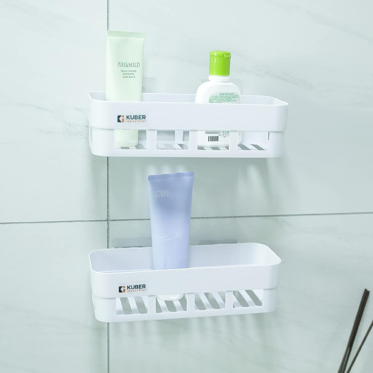 Kuber Industries Pack of 2 Bathroom & Kitchen Organizer PP|Durable & Non-Toxic|Self-Adhesive|Drainage Holes|Multipurpose Set of Storage Racks & Shelves|Set of 2|A50532|White