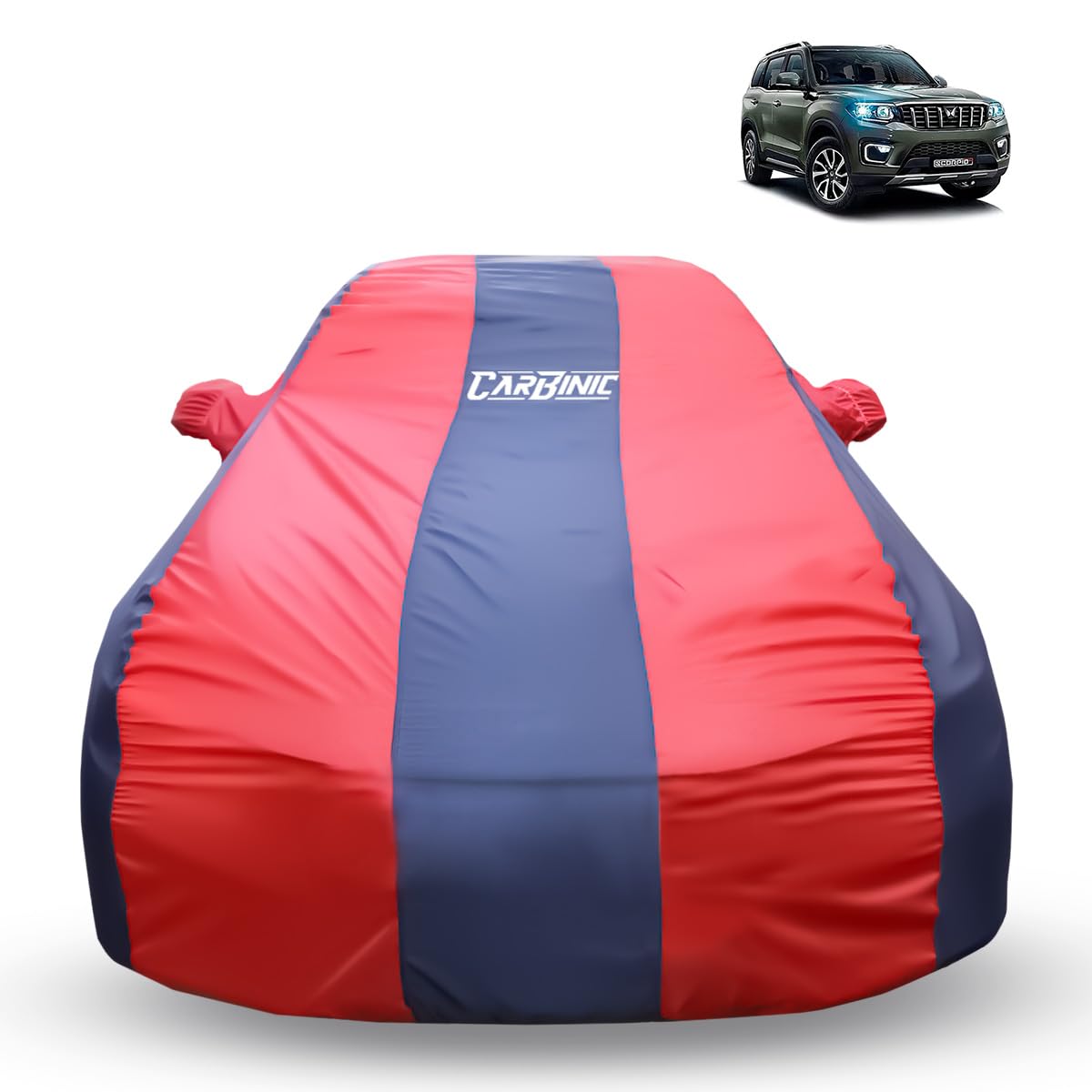 CARBINIC Car Cover for Mahindra Scorpio N 2022 Water Resistant (Tested) & Dustproof Custom Fit UV Heat Resistant Outdoor Protection with Triple Stitched Fully Elastic Surface (Blue and Red)