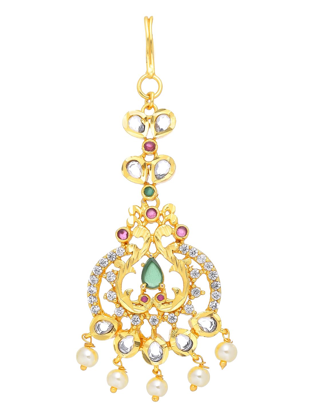 Yellow Chimes Classic AD/American Diamond Studded Gold Plated Multicolour Stone Maang Tikka for Women and Girls