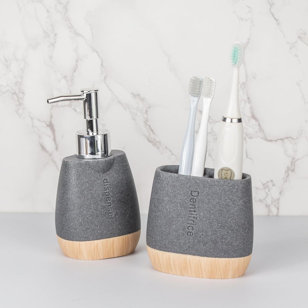 Homestic Premium 2-Piece Bathroom Accessories Set | Tooth Brush Holder | Liquid Soap Dispenser (250ml) | Moisture Resistant | Scratch Proof | Grey-Natural