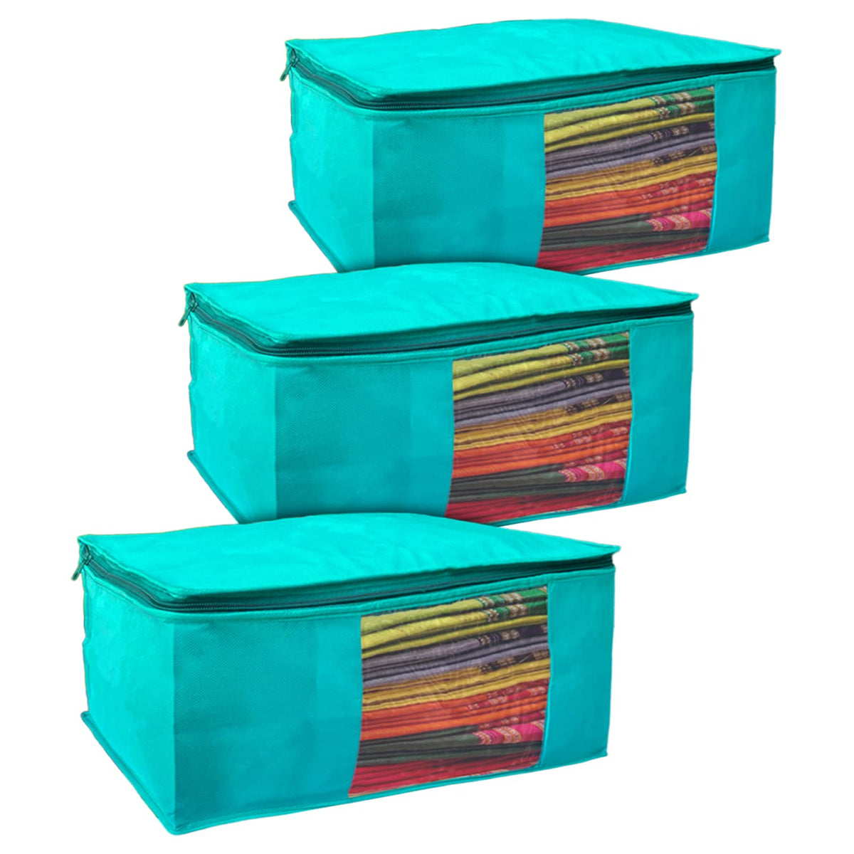 Kuber Industries Multiuses Non-Woven Saree Covers/Clothes Storage Bag/Wardrobe Organizer- Pack of 3 (Blue)