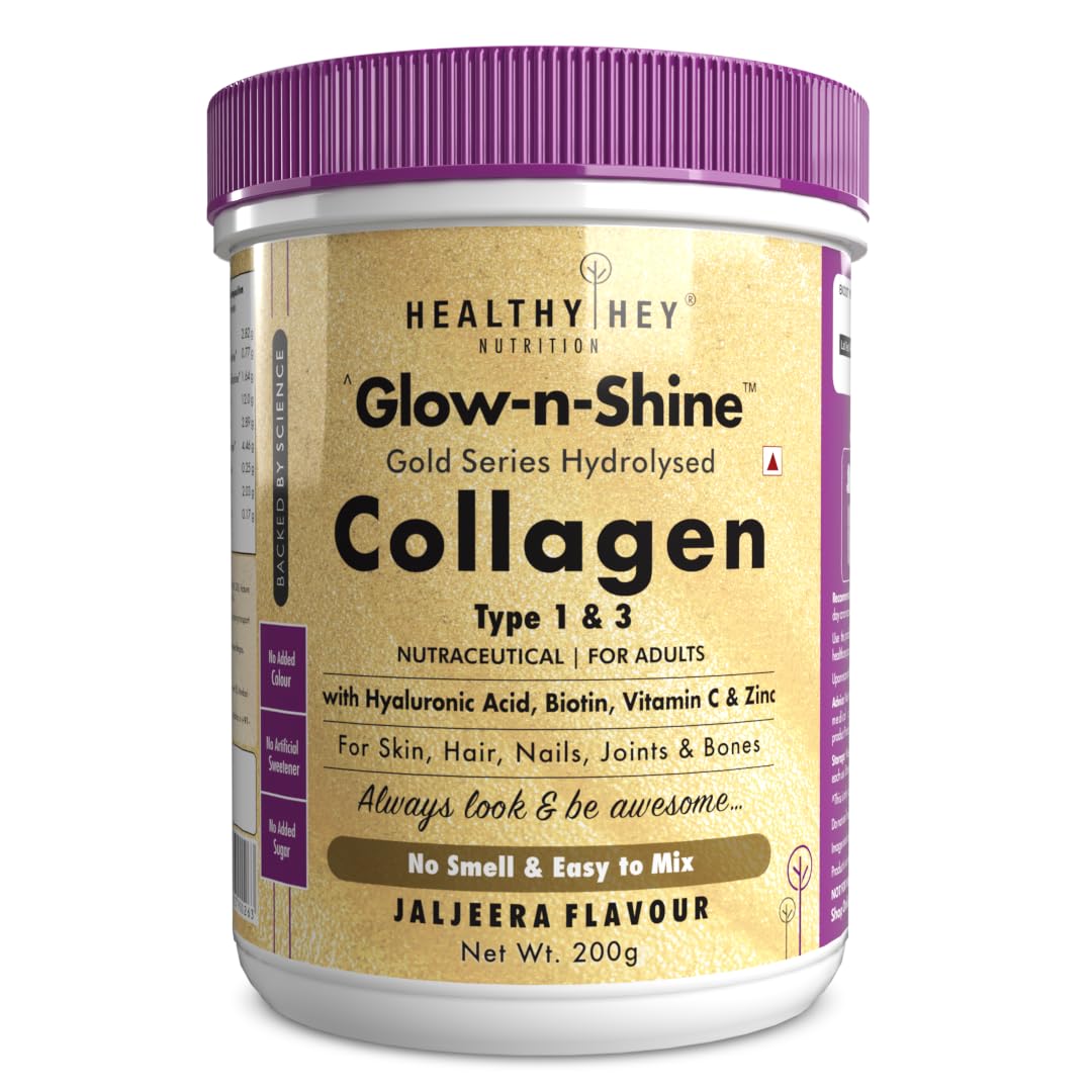 HealthyHey Skin Glow-n-Shine Collagen Powder 200g | Hydrolysed Collagen for Women and Men with Hyaluronic Acid, Biotin and Vitamin C for Healthy Skin, Hair and Nails - (Jaljeera, 200gm)