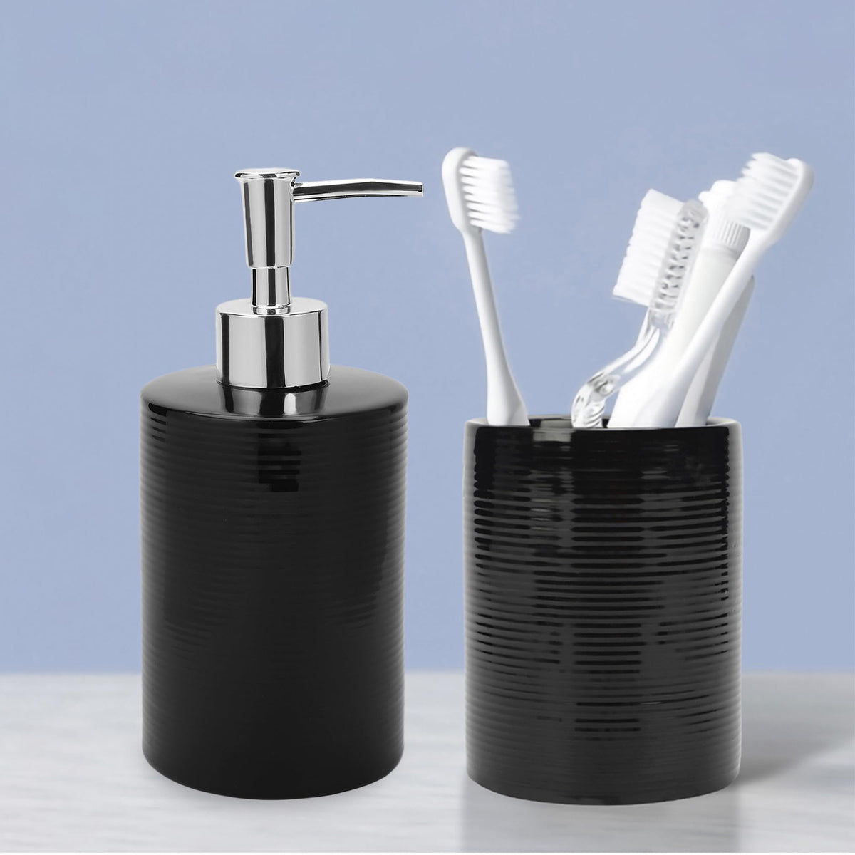 Anko Plastic Black Ribbed Stoneware Toothbrush Holder (11 X 11 X 4.8 Cm) & Liquid Soap Dispenser (350Ml) Set For Bathroom | Rust-Proof, Leak-Proof, Easy To Clean | Bathroom Sanitizer, Lotion Black