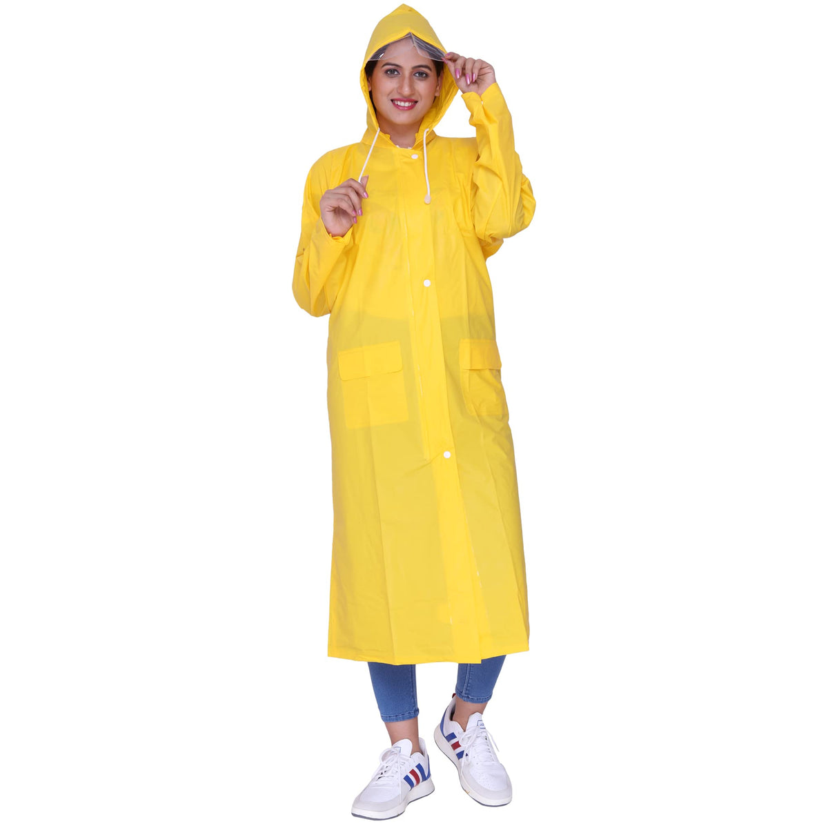 THE CLOWNFISH Indus Pro Series Women's Waterproof PVC Raincoat/Longcoat with Adjustable Hood- With Storage Bag (Yellow, L)