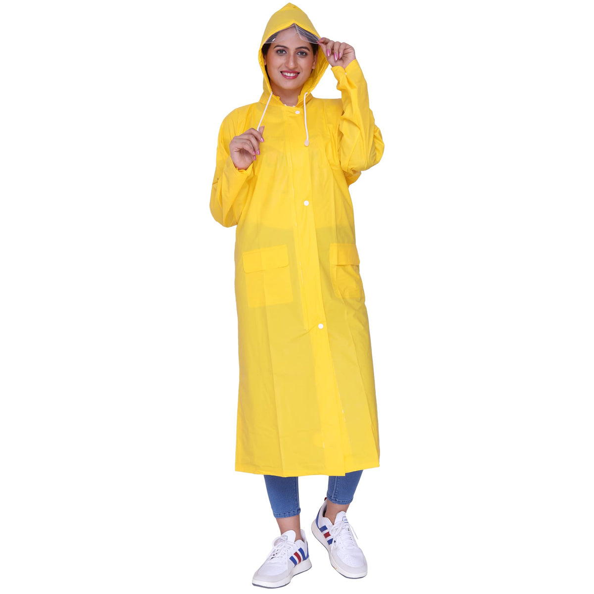 THE CLOWNFISH Polyester Indus Pro Series Women's Waterproof Pvc Raincoat/Longcoat With Adjustable Hood- With Storage Bag (Yellow, Xxl)