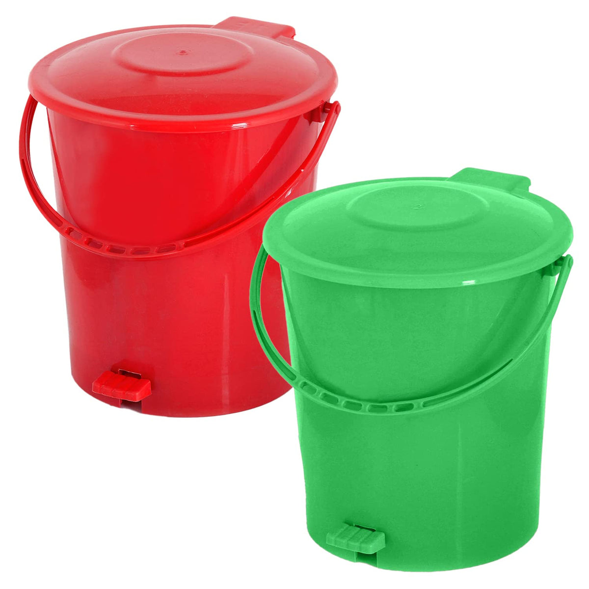 Kuber Industries Plastic Pedal Dustbin/Wastebin With Handle, 10 Liter- Pack of 2 (Green & Red)-47KM0939