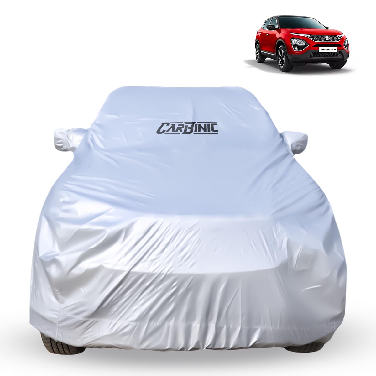 CARBINIC Car Body Cover for Tata Harrier 2019 | Water Resistant, UV Protection Car Cover | Scratchproof Body Shield | Dustproof All-Weather Cover | Mirror Pocket & Antenna | Car Accessories, Silver