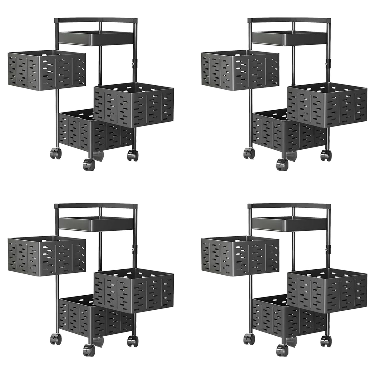 Kuber Industries 3-Layer Kitchen Trolley | 360? Rotating Storage Rack | Square Storage Rack with Wheels | Fruit and Vegetable Storage for Kitchen |Pack of 4 | (Black)