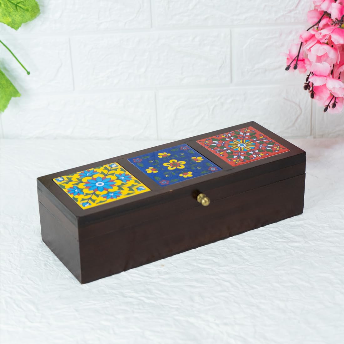 Ekhasa Handcrafted Wooden Box for Storage | Trunk Box for Storage | Jewellery Storage and Gift Box | Box for Gift Packaging | Tarot Box | Diwali and Festival Home Decor Piece (Wood and Ceramic)