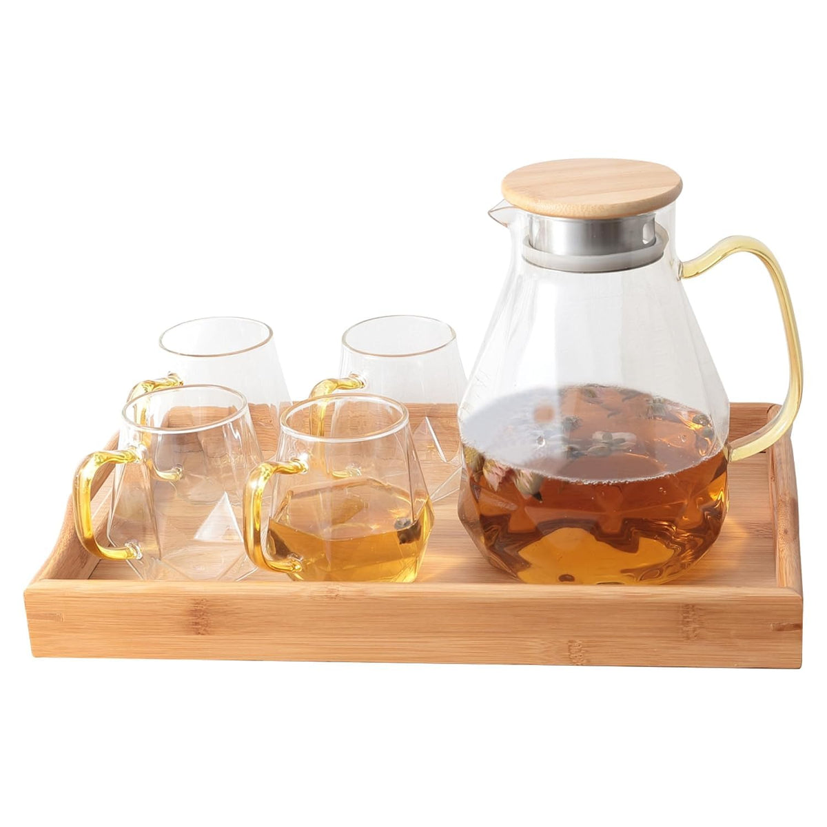 Kuber Industries Borosilicate Glass Water Jug with Lid (1820ml), 4 Cups (320ml) & Bamboo Tray | Glass Jug for Water, Juice, Coffee, Iced Tea | Gift Items | Kitchen Accessories Items