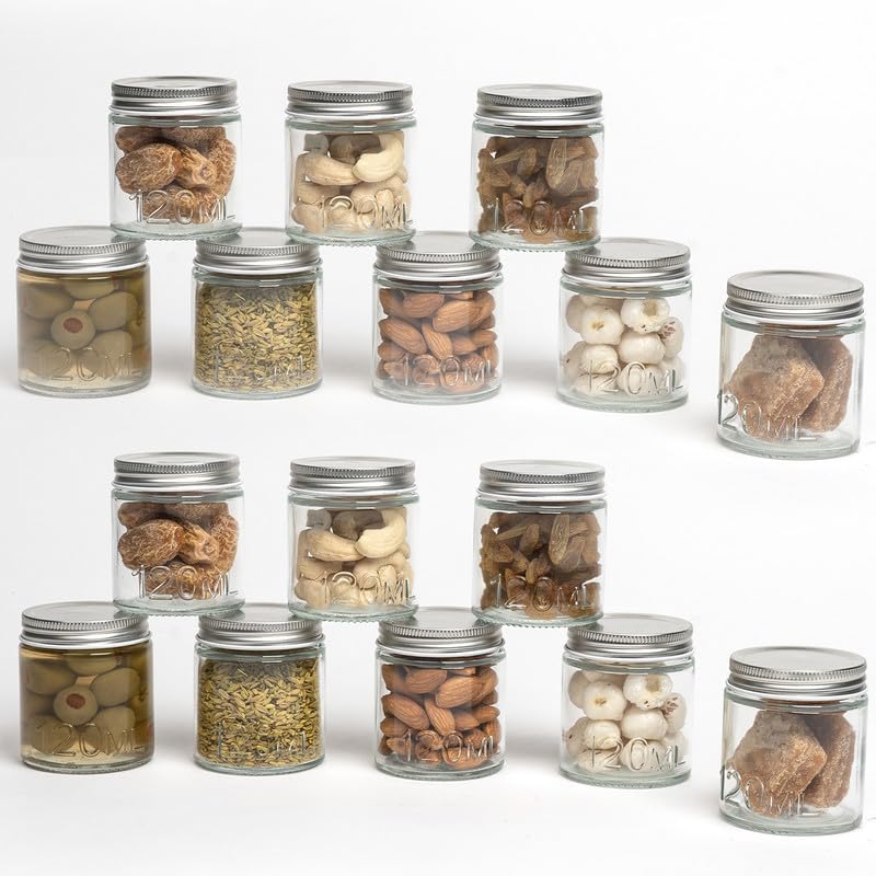 Anko Airtight Preserving Jar/Container| 16-Piece Set of 120 ml Each| Preserving Glass Jars With Tin Lid|Airtight Leakproof Tall Cylindrical Glass Jars| Food Safe|Corrosion Resistant Lid