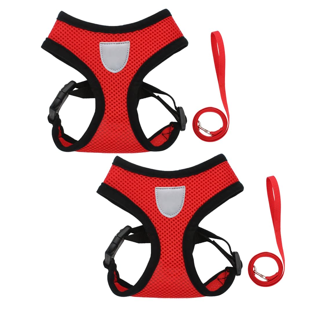Kuber Industries Reflective Dog Harness with Adjustable Leash|Breathable Polyester Mesh Fabric with Top Carry Handle|Medium Size|HAT-818|Comfortable No-Pull Grip|Quick Release Buckles|Red (Pack of 2)