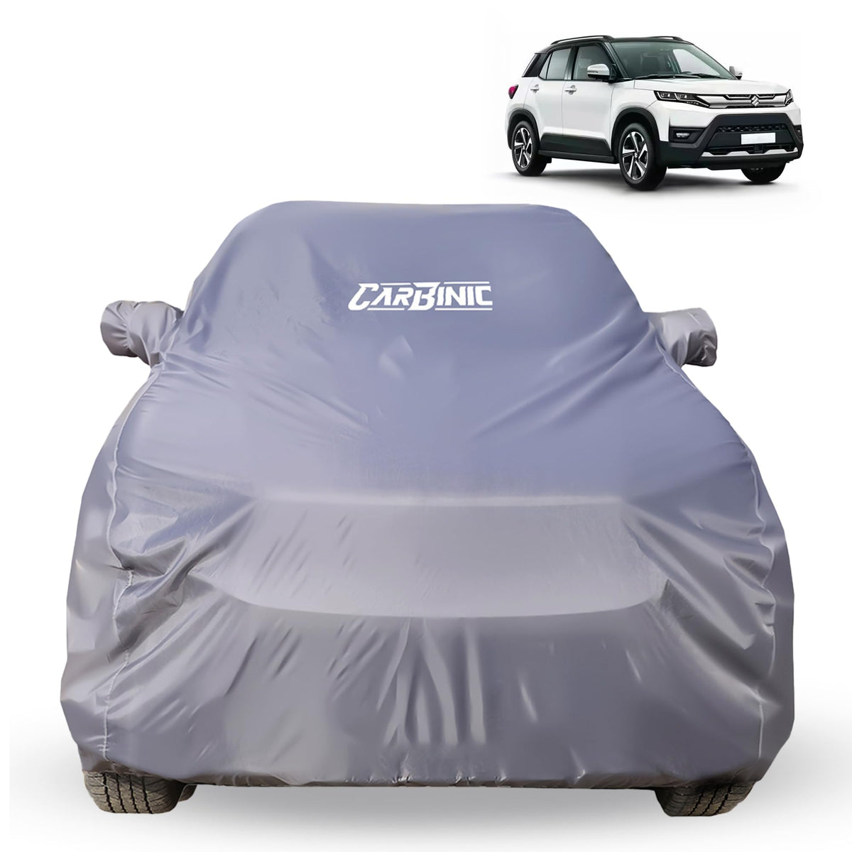 CARBINIC Car Body Cover for Maruti Brezza 2022 | Water Resistant, UV Protection Car Cover | Scratchproof Body Shield | Dustproof All-Weather Cover | Mirror Pocket & Antenna | Car Accessories, Grey