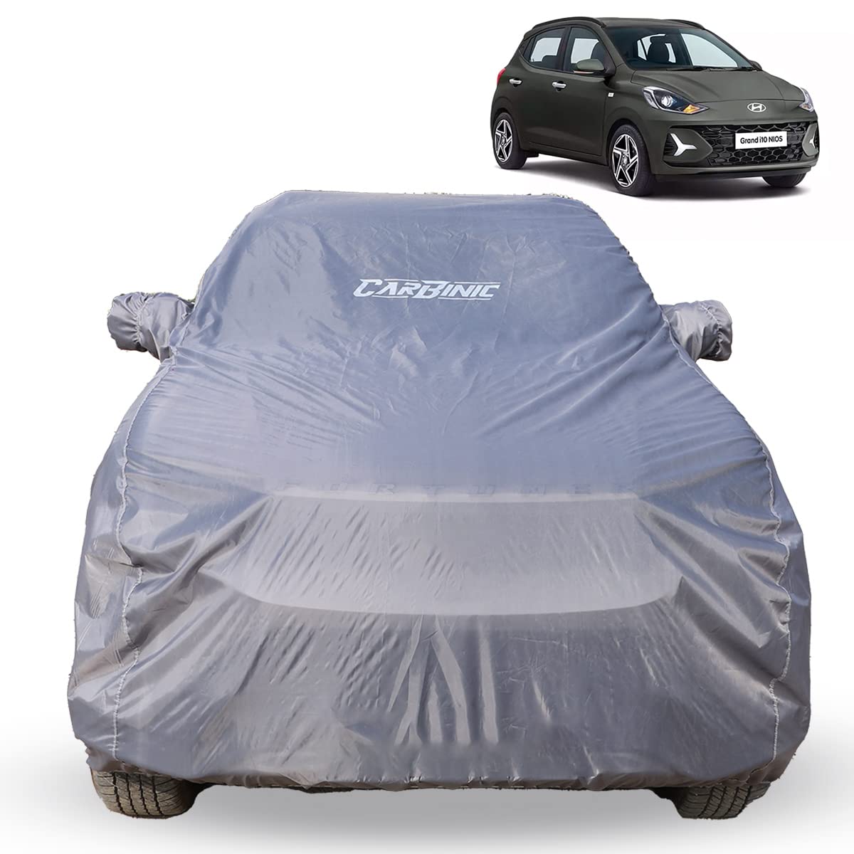 CARBINIC Car Body Cover for Hyundai Grand i10 | Water Resistant, UV Protection Car Cover | Scratchproof Body Shield | Dustproof All-Weather Cover | Mirror Pocket & Antenna | Car Accessories, Grey