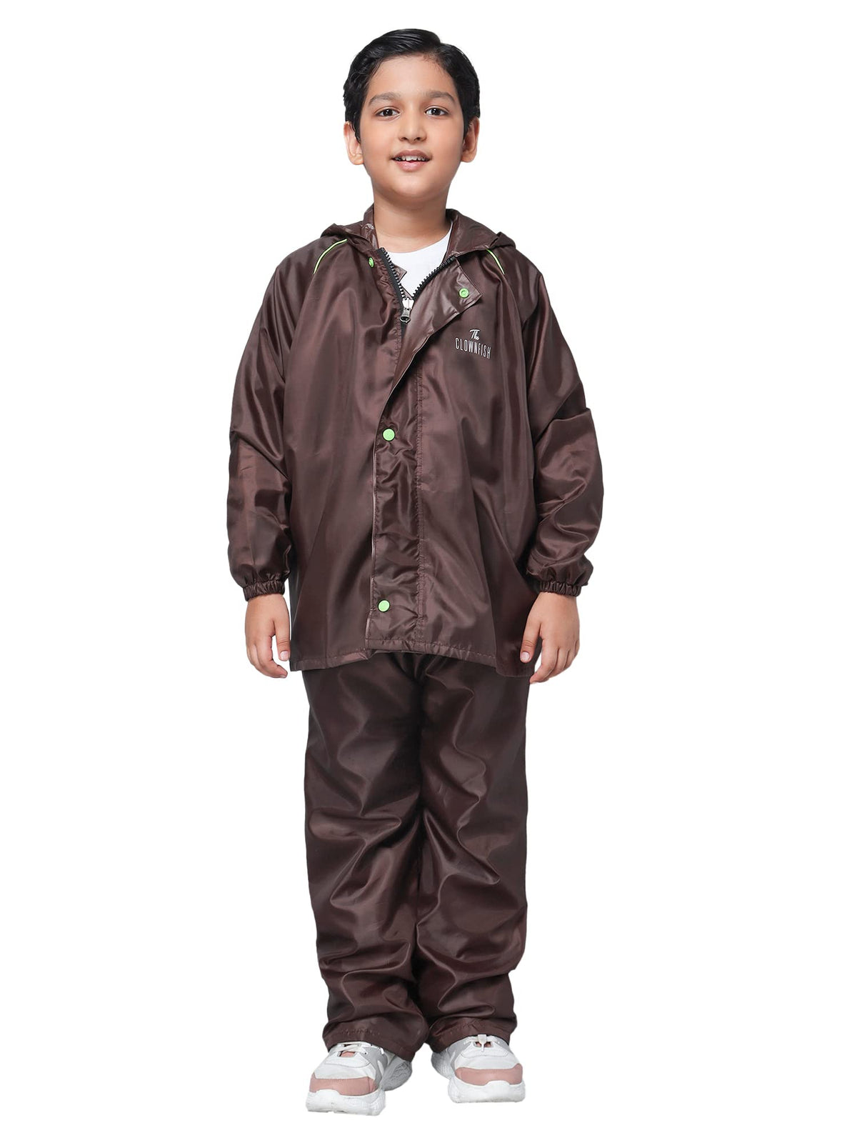 The Clownfish by STRAUSS Duke Series Kid's Waterproof Polyester Double Coating Reversible Standard Length Raincoat with Hood & Reflector Logo at Back, Top & Bottom Printed Pouch, 11-13 Years (Brown)