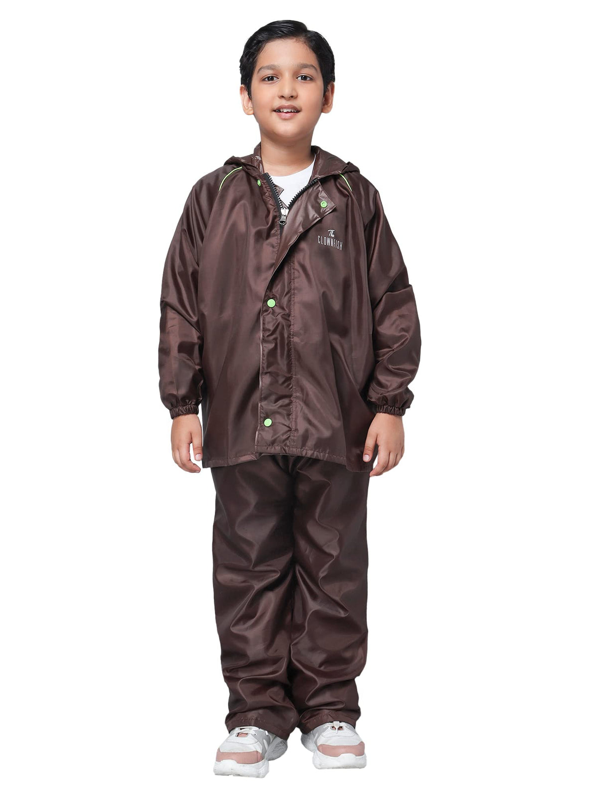 STRAUSS THE CLOWNFISH Duke Series Kid's Waterproof Polyester Double Coating Reversible Raincoat with Hood and Reflector Logo at Back. Set of Top and Bottom. Printed Pouch Age-8-10 years (Brown)