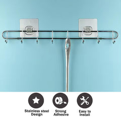 Kuber Industries Wall Hanger | Hooks Rack Organizer | Hanger for Kitchen & Bathroom | Door Hook Hanger | Hanger Clothes Organizer | Stainless Steel Wardrobe Hanger | JPJ048 | Silver