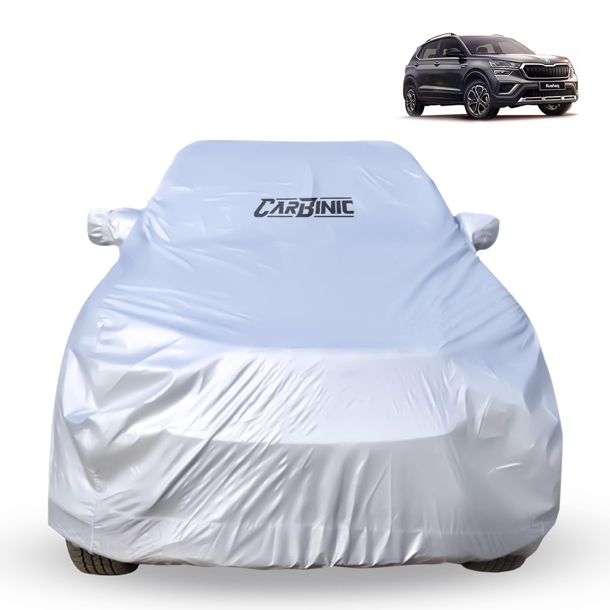 CARBINIC Car Body Cover for Skoda Kushaq 2021 | Water Resistant, UV Protection Car Cover | Scratchproof Body Shield | Dustproof All-Weather Cover | Mirror Pocket & Antenna | Car Accessories, Silver