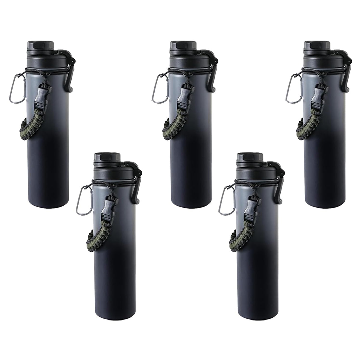 Kuber Industries Water Bottle | Steel Water Bottle for Daily Use | Vacuum Insulated Flask Water Bottle with Rope | Hot & Cold Water Bottle | 720 ML | LX-230603 | Pack of 5 | Black & Gray