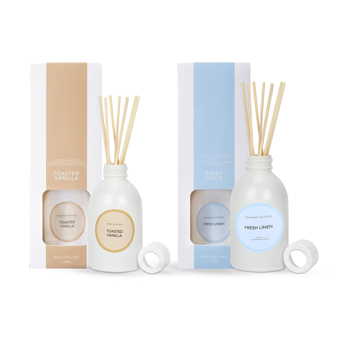 Anko Australia Toasted Vanilla & Fresh Linen Diffuser | Alcohol-Free Formula |Gold Foil Print | Essential Oil, Coloured Glass Reed Vessel & 8 Diffuser Sticks | Lemon & Spicy | 11.5cm(H)x5.5cm(D)|2 Pk