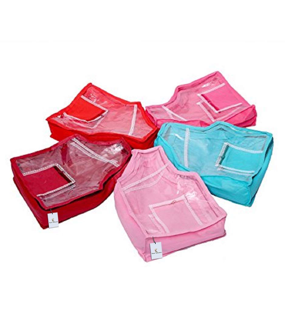 Kuber Industries Non-Woven Blouse Cover Front Transparent Window|Attached Pocket|Zipper Closure|Size 43 X 28 X 13 Cm|Pack of 5 (Multicolor)