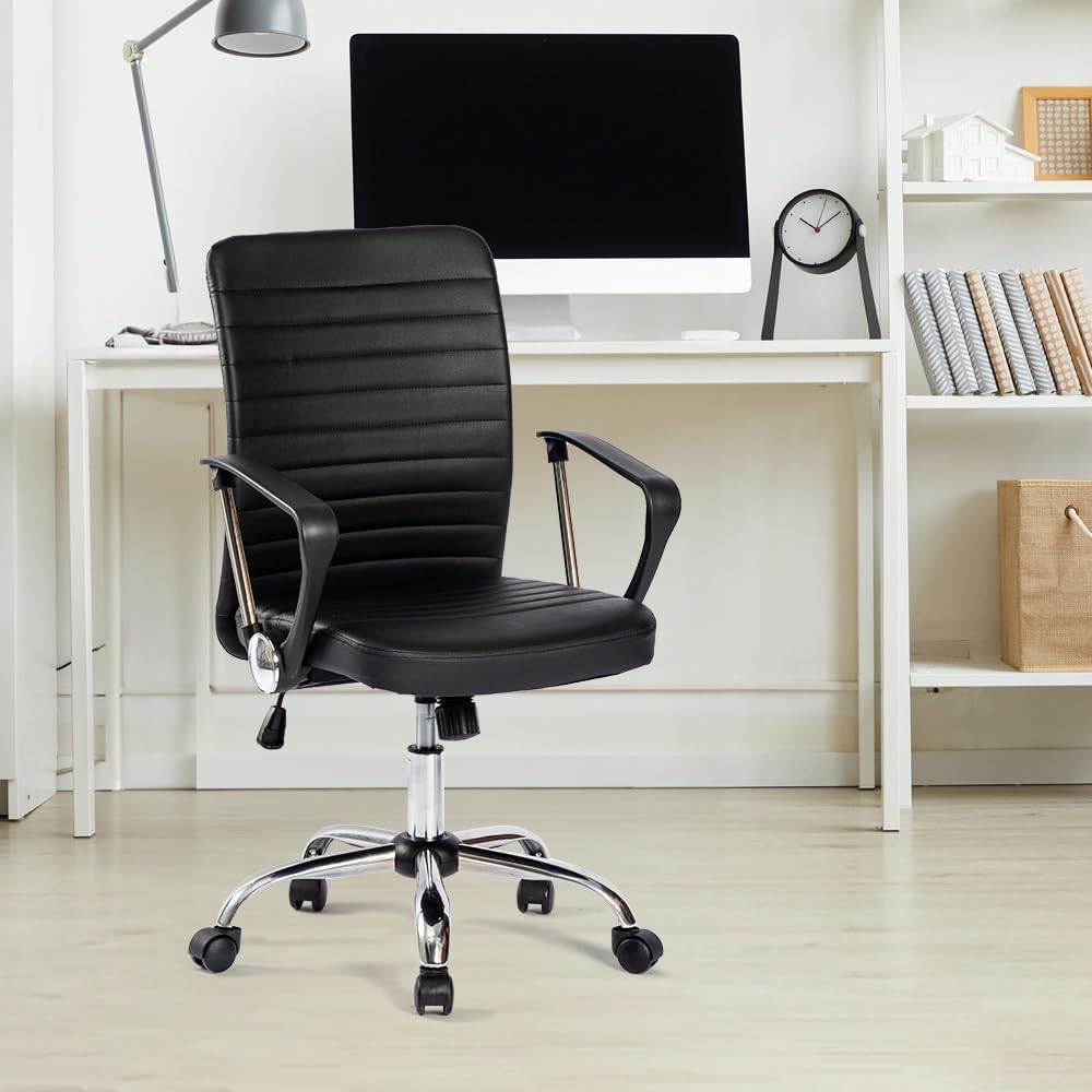 Kuber Industries Ergonomic Leather Office Chairs for Work from Home | Comes with Manual Height Adjustable, Armrest, Headrest & Lumbar Support | Comfy Study Chair for Students with Wheels | Black