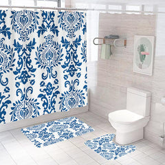 Encasa Shower Curtain & Bathmat 3 Pcs Set| Curtain 180x180 cm, Mats 45x75 cm, 45x37.5 cm| Creative Vibrant Coloured Polyster Curtain Sets with Non-Slip Bath mats for Bathroom| Blue Print