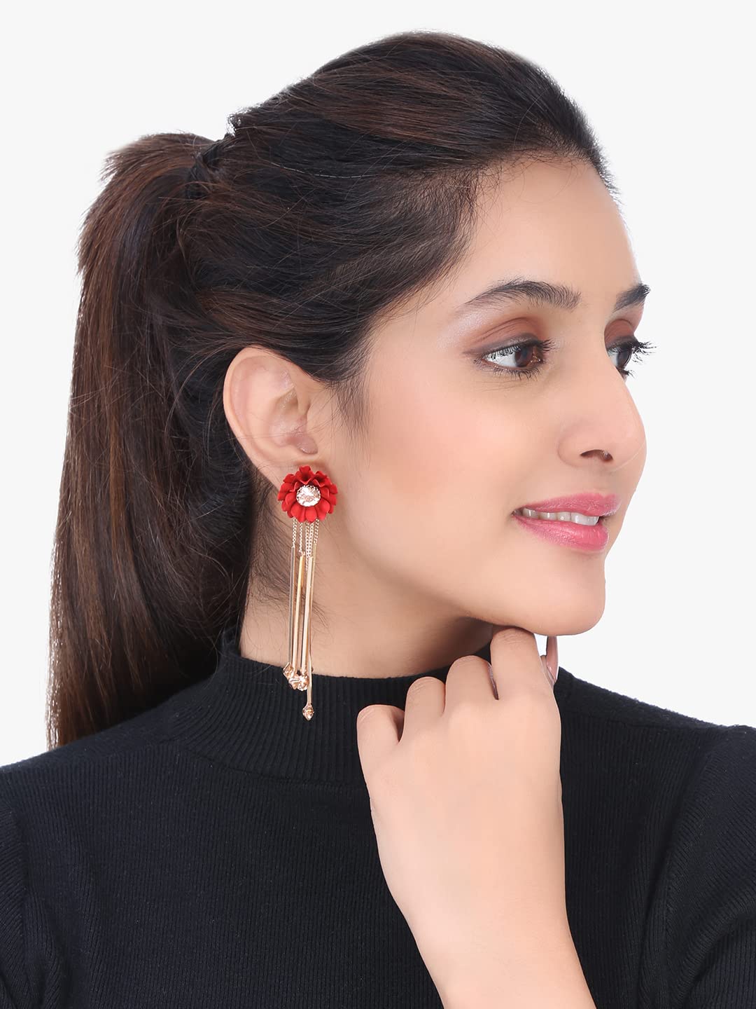 Yellow Chimes Earrings for Women and Girls Fashion Red Crystal Dangler Earring Gold Plated Dangler Floral Shaped Western Long Danglers Earrings