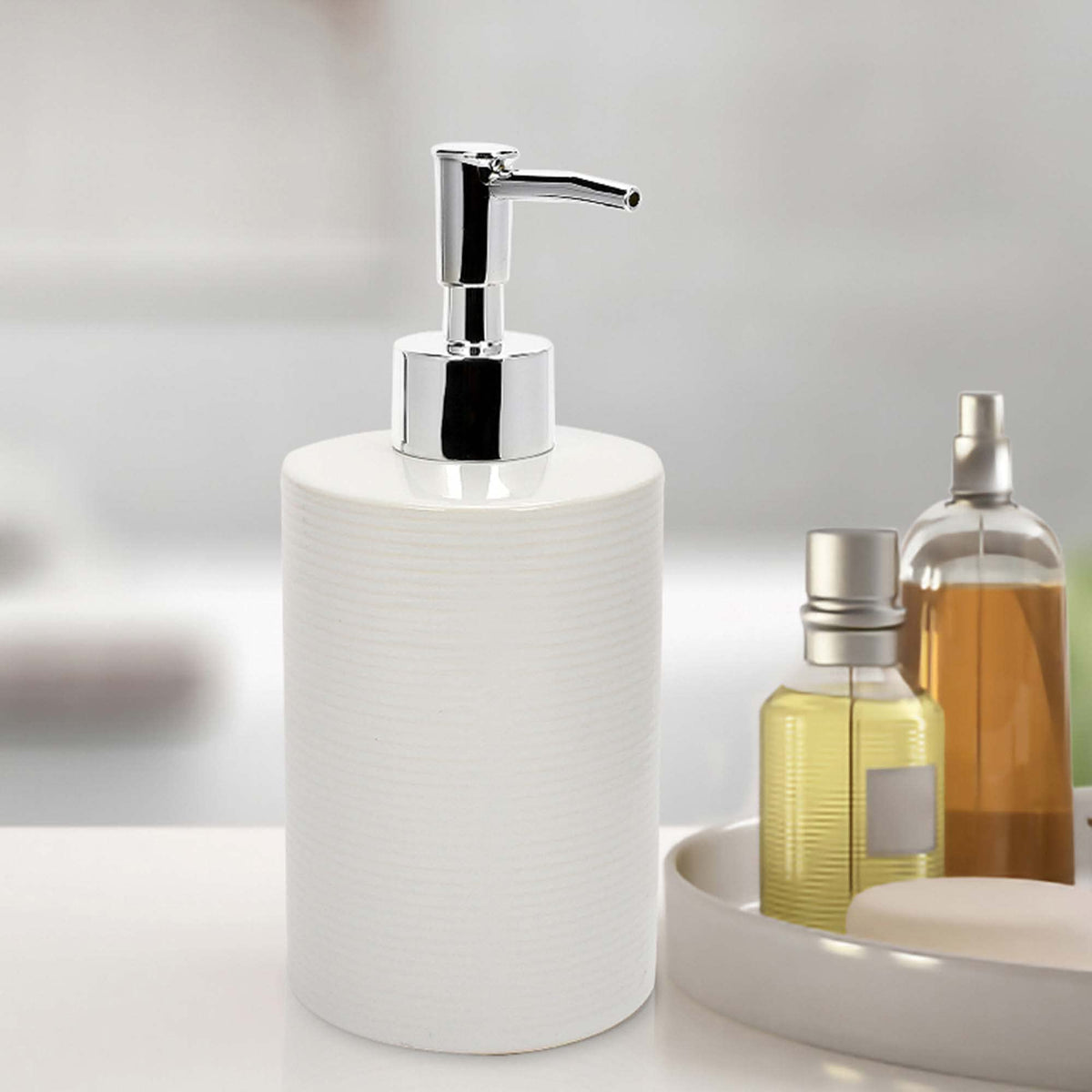 Anko Liquid Soap Dispenser | Stoneware | Bathroom Sanitizer, Lotion, Shampoo Dispenser | Ceramic Liquid Soap Dispenser for Bathroom & Kitchen | Soap Dispenser for Wash Basin | Bathroom Accessories | White | 350 ml