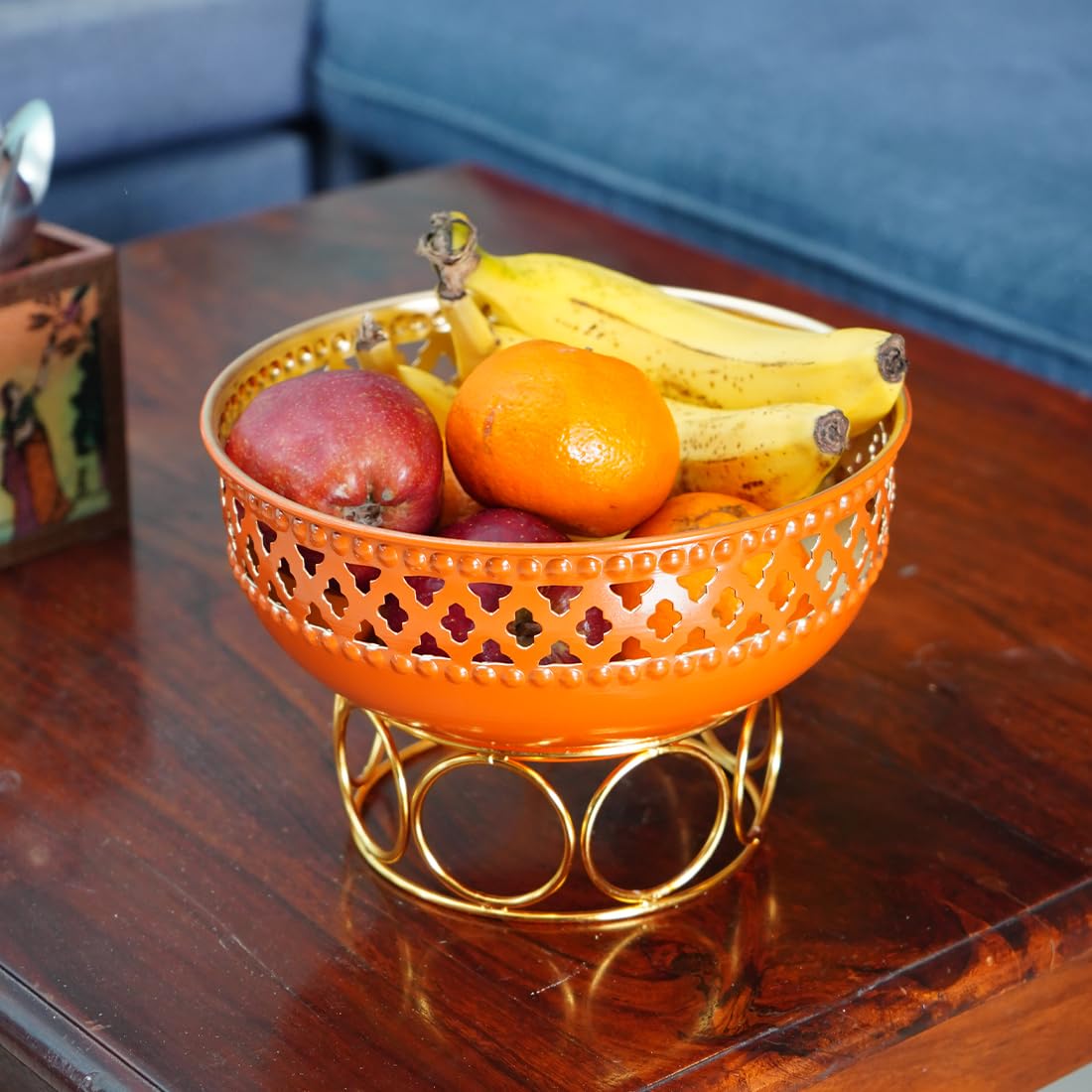 Ekhasa Metal Fruit Basket with Stand (21.5 * 21.5 * 14.2 cm, Orange) | Multi Use as Fruit Basket, Gift Basket, Pooja Basket, Temple Basket, Kitchen Organizer Basket or as Urli in Diwali Decoration