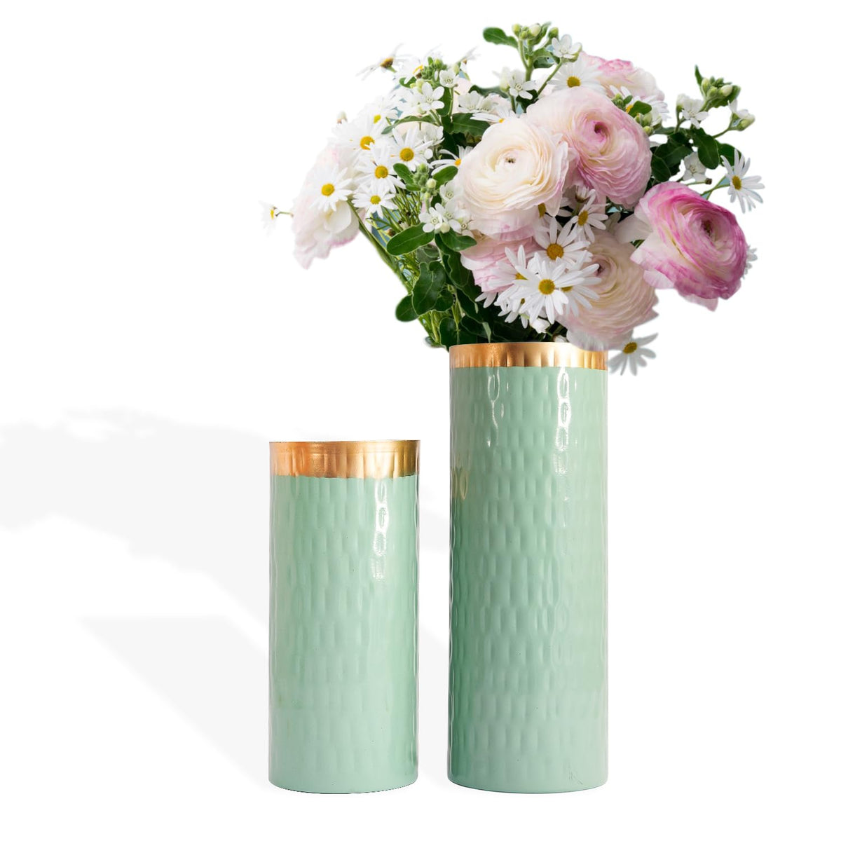 Ekhasa Unbreakable Metallic Aqua Green Flower Vase for Home Decor | Aesthetic Vase Gift for Wedding, Housewarming, Parties | Decorative Metal Vase for Living Room, Dining Table, Office (Set of 2)