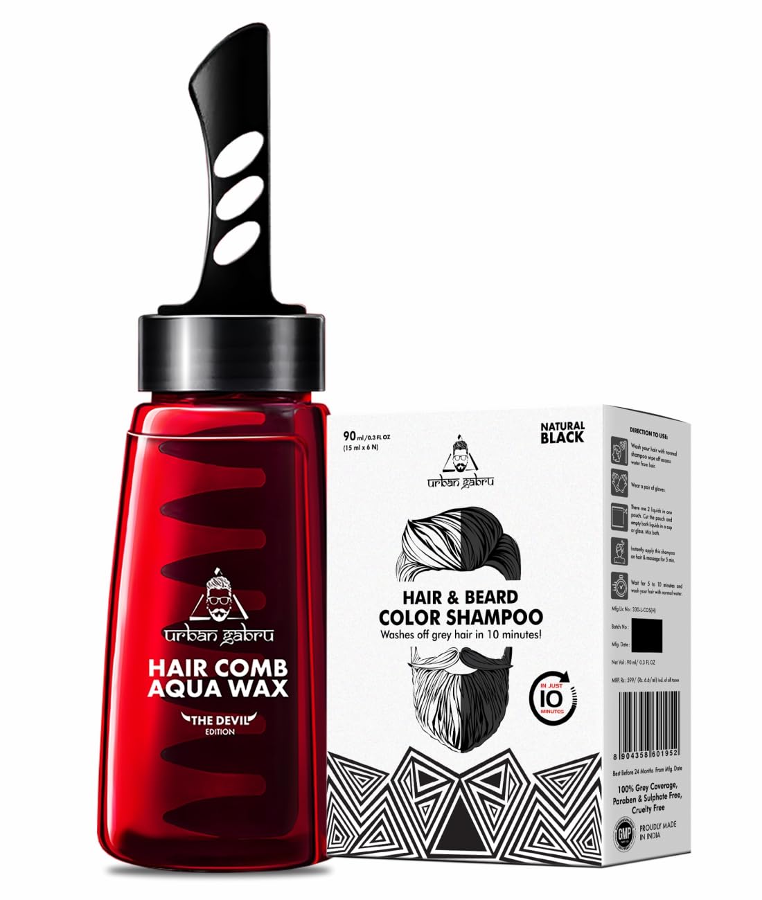 Urbangabru Hair Comb Aqua Wax - The Devil Edition - 260 ML & Hair and Beard Colour Shampoo - 90 ML - Men's Grooming Combo Kit