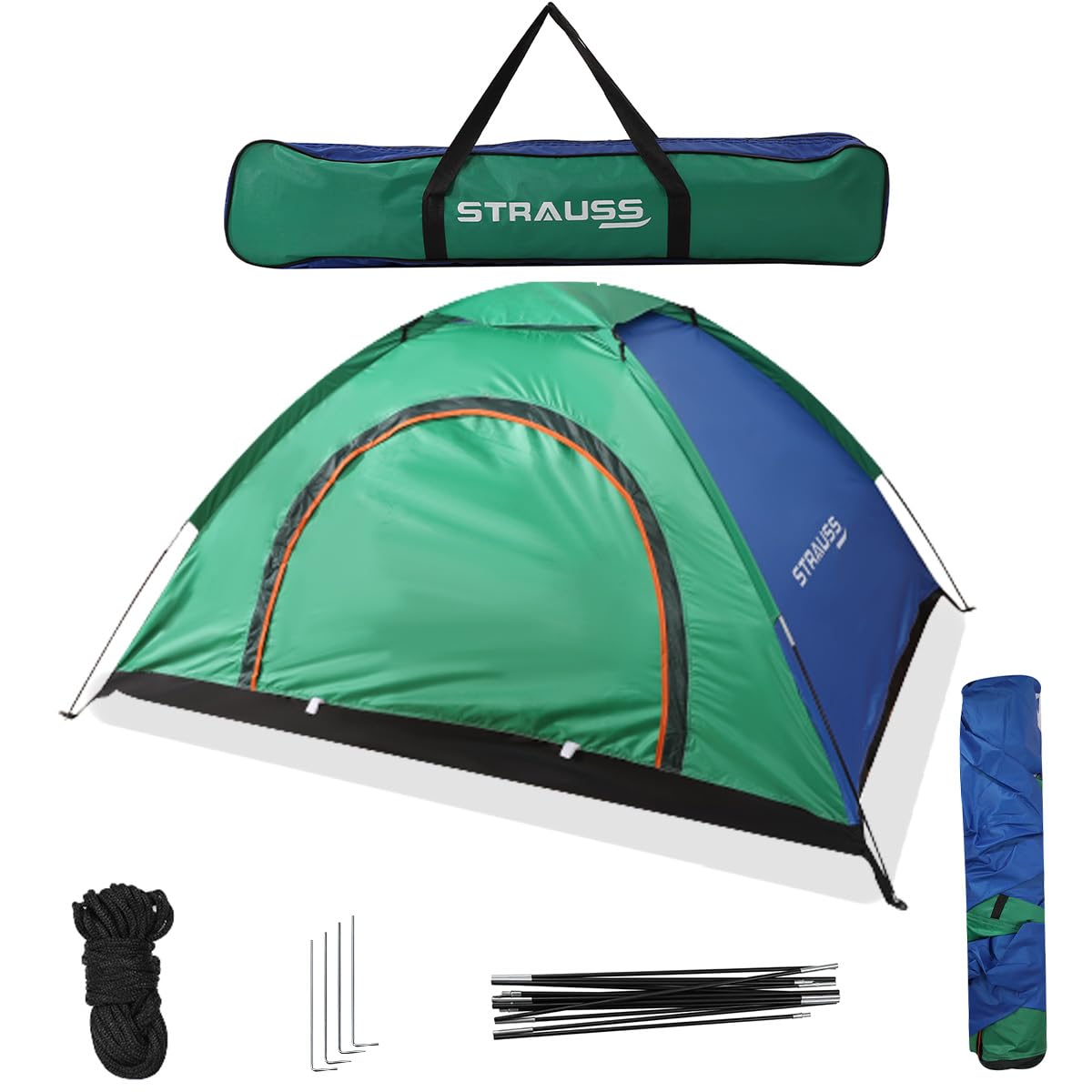 STRAUSS Portable Tent for Camping |5-10 Minutes Easy Setup | Ideal for Picnic, Hiking, Trekking|Waterproof and Windproof Tent for Camping |Superior Air Ventilation |Ideal for 2 Persons,(Blue/Green)