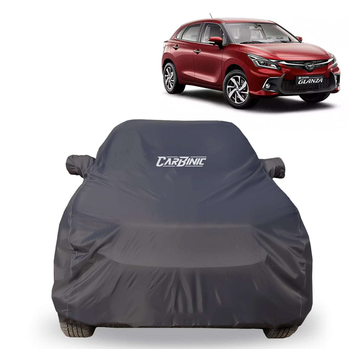 CARBINIC Car Body Cover for Toyota Glanza 2022 | Water Resistant, UV Protection Car Cover | Scratchproof Body Shield | All-Weather Cover | Mirror Pocket & Antenna | Car Accessories Dusk Grey