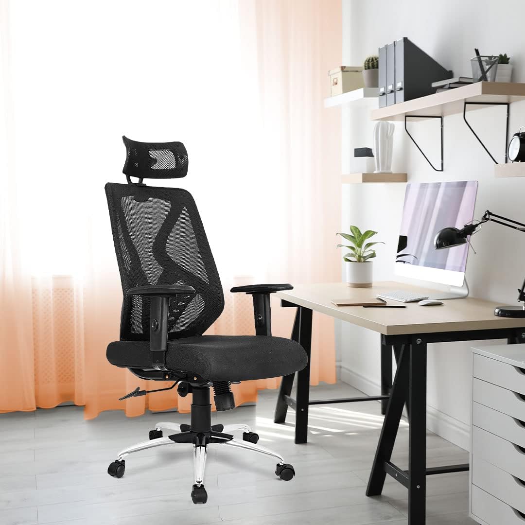 Kuber Industries Ergonomic Office Chairs for Work from Home | Comes with Manual Height Adjustable, Armrest, Headrest & 2D Lumbar Support | Comfy Study Chair for Students with Wheels | Black