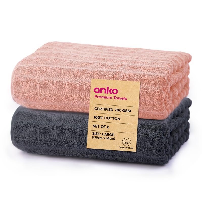 Anko Australia 100% Cotton 700 GSM Large Ribbed Bath Towel | Set of 2 | Super-Soft, Absorbent, Quick-Drying | Pink & Dark Grey Towel for Men, Women & Kids | 135x68 cm |Travel, Gym, Spa Towel